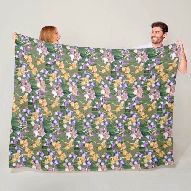 Couverture Polaire Irises pourpres et jaunes / Floral Grand (En situation)