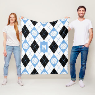 Couverture Polaire Jacquard bleu clair et noir motif avec volleyballs