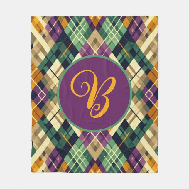 Couverture Polaire Jacquard Mardi Gras jaune violet vert (Devant)