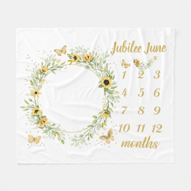 Couverture Polaire Jalon de bébé personnalisé Blanche mensuelle, tour (Devant (Horizontal))