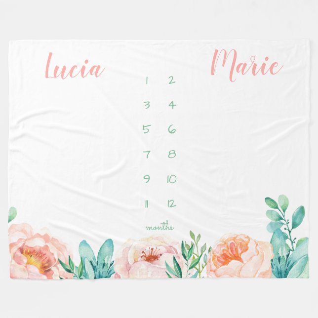 Couverture Polaire Jalon jumeau fille fille aquarelle fleurs pêche (Devant (Horizontal))