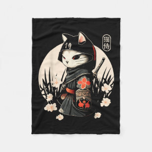 Couverture Polaire Japonais Samurai Chat Tattoo, Kawaii Ninja Chat _1