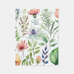 Couverture Polaire Jardin botanique floral aquarelle blanc