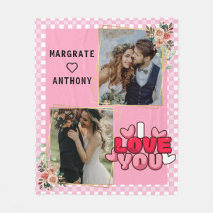 Couverture Polaire Je t'aime Script photo rose et blanc personnalisée