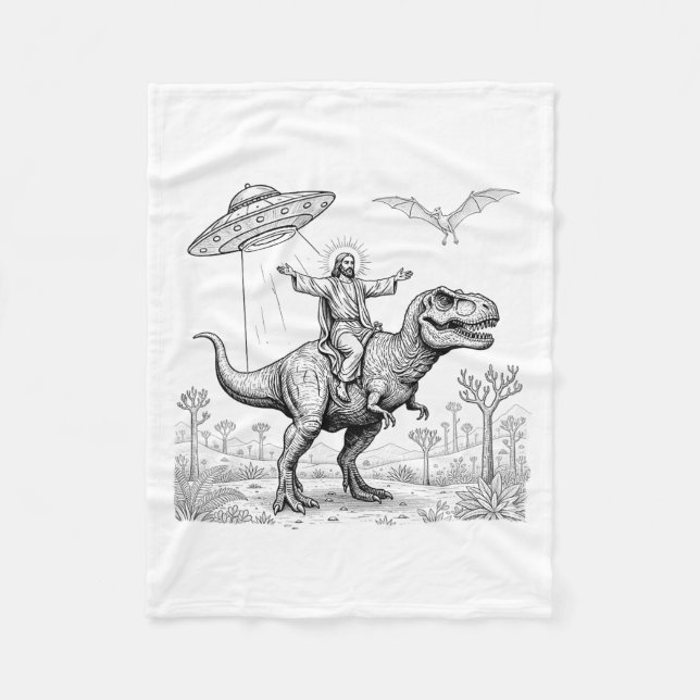 Couverture Polaire Jesus Riding Dinosaur T-rex Ufo Hunting Alien Sci- (Devant)