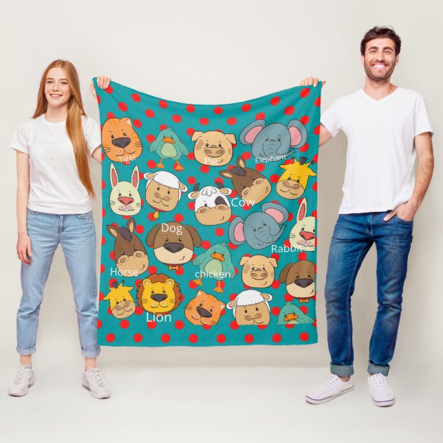 Couverture Polaire Joli animal ferme points rouges bleu enfants (En situation)