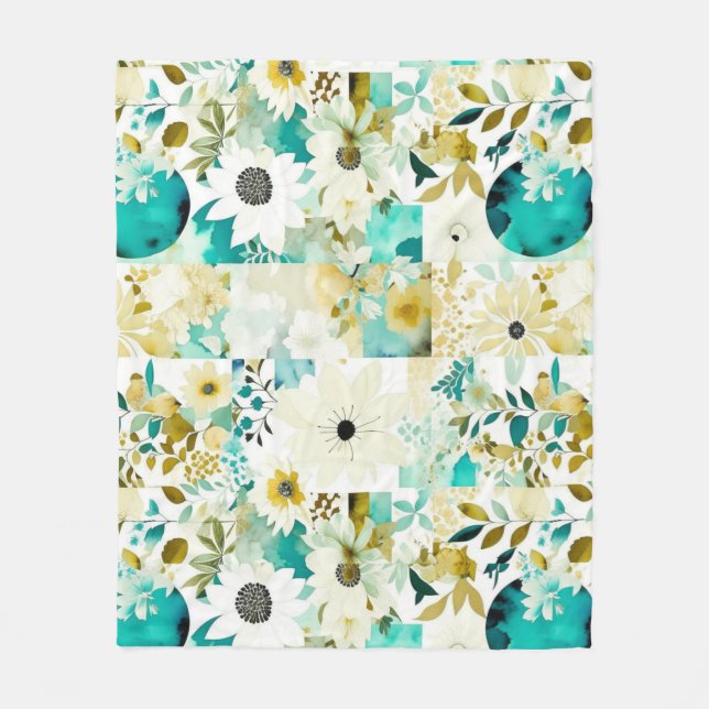 Couverture Polaire Joli Art folklorique Fleurs blanches et turquoise (Devant)
