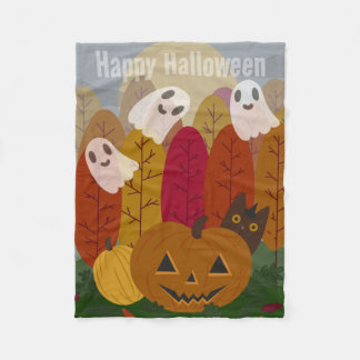 Couverture Polaire Joli chat noir et fantômes d'Halloween Citrouille