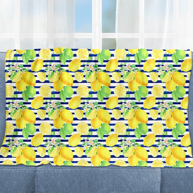 Couverture Polaire Joli citrons aquarelle sur bandes bleues (Créateur téléchargé)