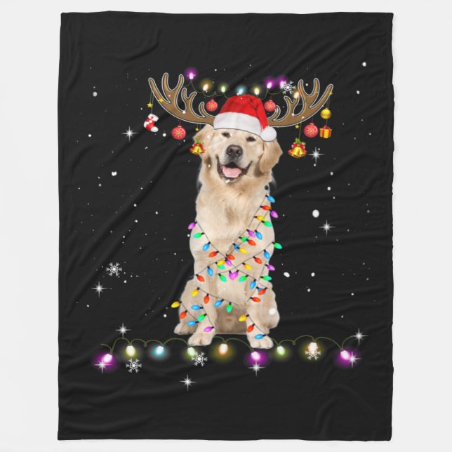 Couverture Polaire Joli Golden Retriever lumières de Noël Reindeer (Devant)