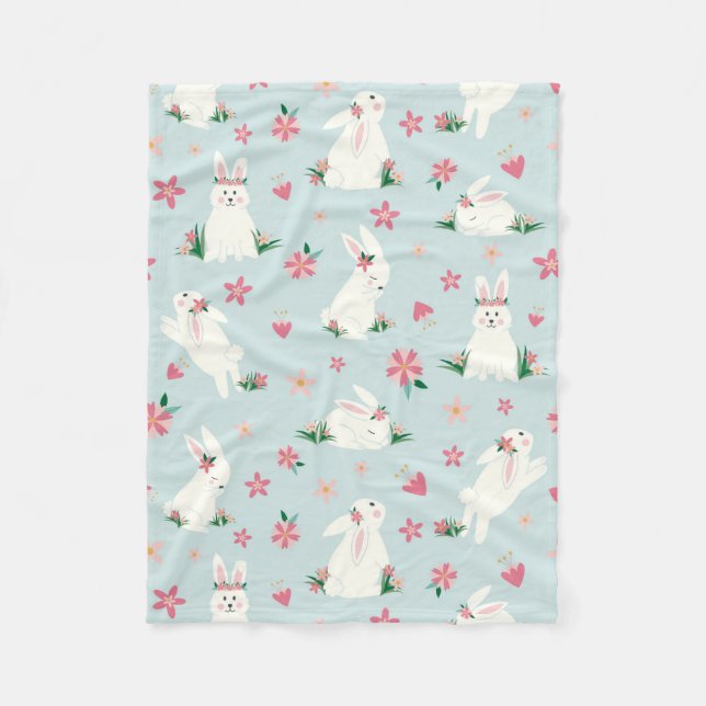 Couverture Polaire Joli lapin de Pâques Moderne rose floral (Devant)