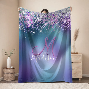 Couverture Polaire Joli monogramme faux paillettes turquoise violet