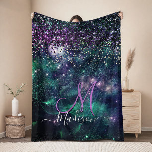 Couverture Polaire Joli monogramme faux paillettes vert violet foncé