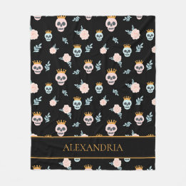 Couverture Polaire Joli motif de crâne botanique rose noir Halloween