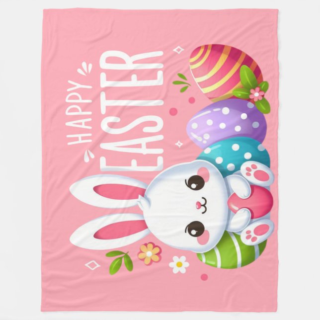 Couverture Polaire Joli, rose et heureux lapin de Pâques (Devant)