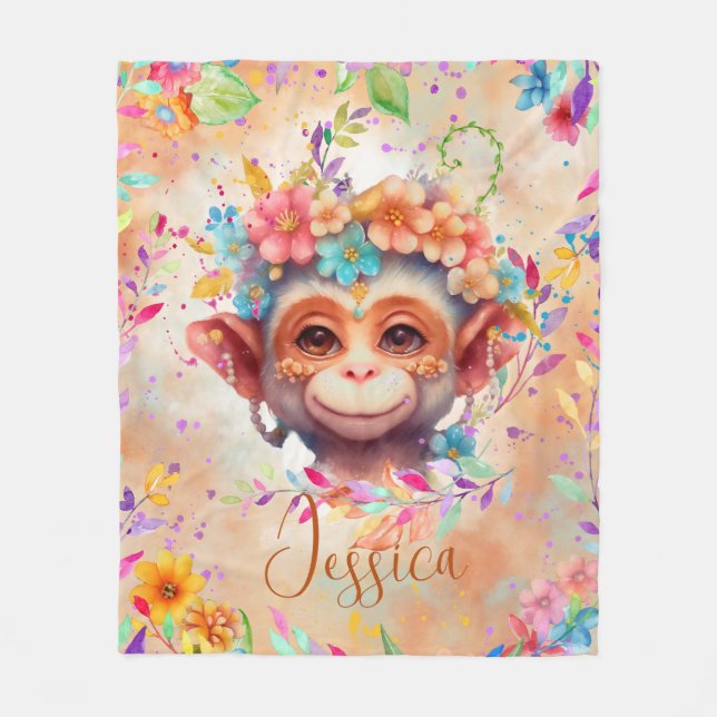 Couverture Polaire Joli Singe Aquarelle avec fleurs (Devant)