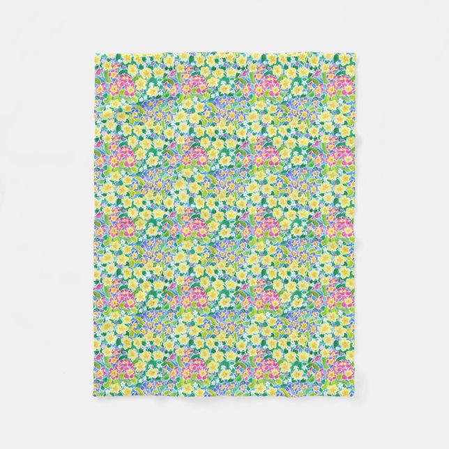 Couverture Polaire Jolie Blanche Toison Rose, Bleu, Primroses Jaunes (Devant)