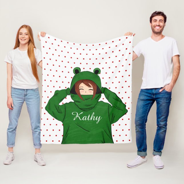 Couverture Polaire Jolie fille avec dessin de la grenouille verte (En situation)