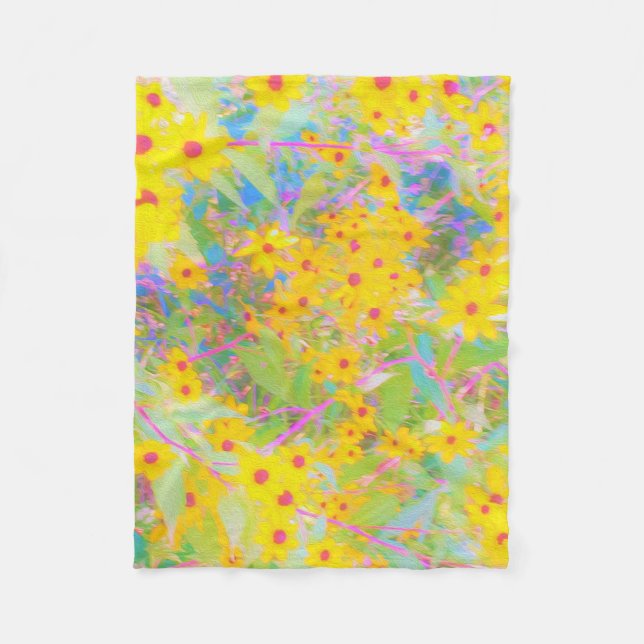 Couverture Polaire Jolie Fleurs Jaunes et Rouges avec Turquoise (Devant)