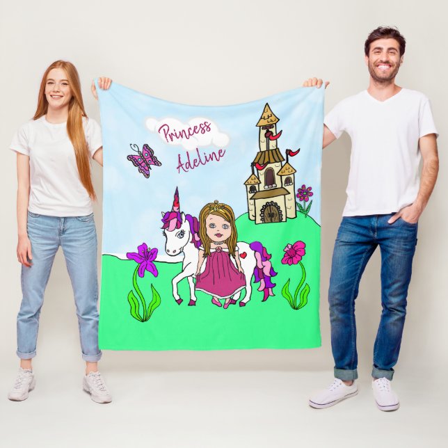 Couverture Polaire Jolie Magenta Princesse et Unicorne Personnalisé (En situation)