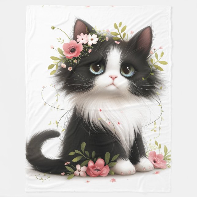 Couverture Polaire Jolie Tuxedo Kitten avec des fleurs Jeu d'oreiller (Devant)
