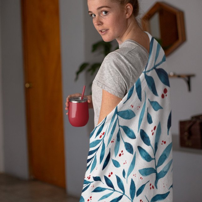 Couverture Polaire Jolies branches d'aquarelle - turquoise et rouge (Créateur téléchargé)