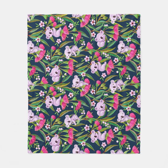 Couverture Polaire Jolis koalas lilas pâles sur des fleurs d'eucalypt (Devant)