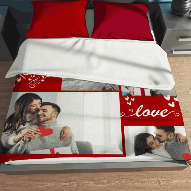 Couverture Polaire Jour de Valentines couple Photo collage rouge Amou (Créateur téléchargé)