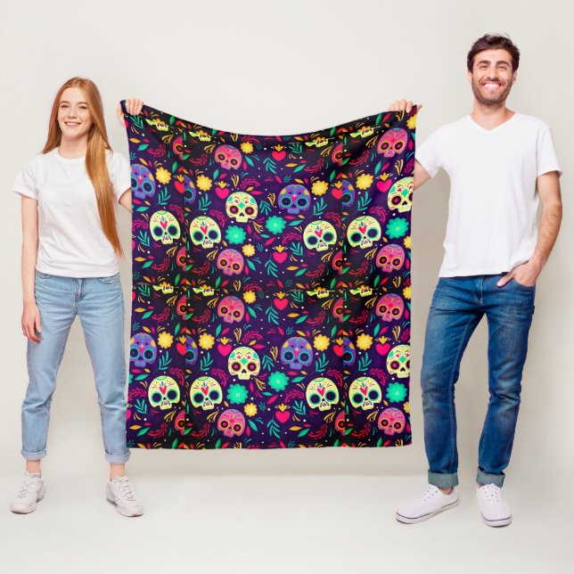 Couverture Polaire Jour des morts, motif crâne de sucre, Halloween (En situation)