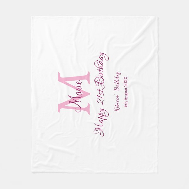 Couverture Polaire Joyeux 21e Anniversaire rose ajouter nom monogramm (Devant)