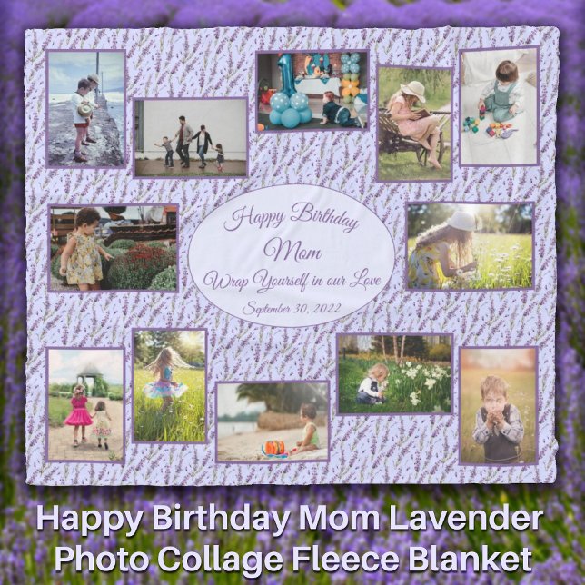 Couverture Polaire Joyeux anniversaire Maman Lavande Photo Collage (Happy Birthday Mom Lavender Photo Collage Fleece Blanket - Personalize for Grandmother Sister Aunt)