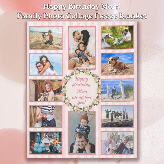 Couverture Polaire Joyeux anniversaire Maman Rose Photo Collage (Happy Birthday Mom Pink Rose Family Photo Collage Fleece Blanket)