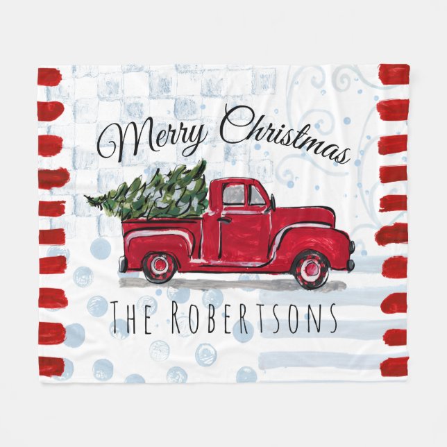 Couverture Polaire Joyeux Camion Rouge Noël Personnalisé (Devant (Horizontal))