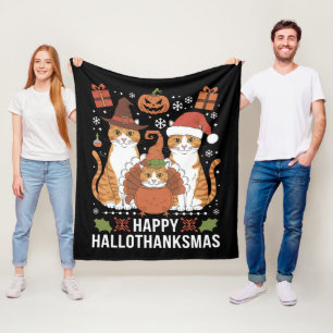 Couverture Polaire Joyeux Hallothanksmas Chats Halloween Noël