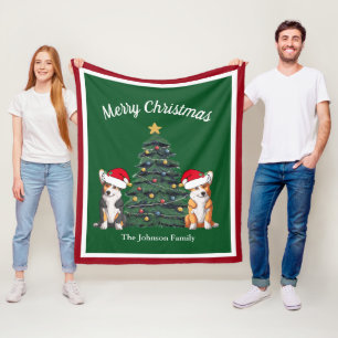 Couverture Polaire Joyeux Noël Corgi mignon Personnalisé Rouge Vert