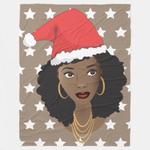 Couverture Polaire Joyeux Noël, Femme noire, Chapeau de Père Noël Rou