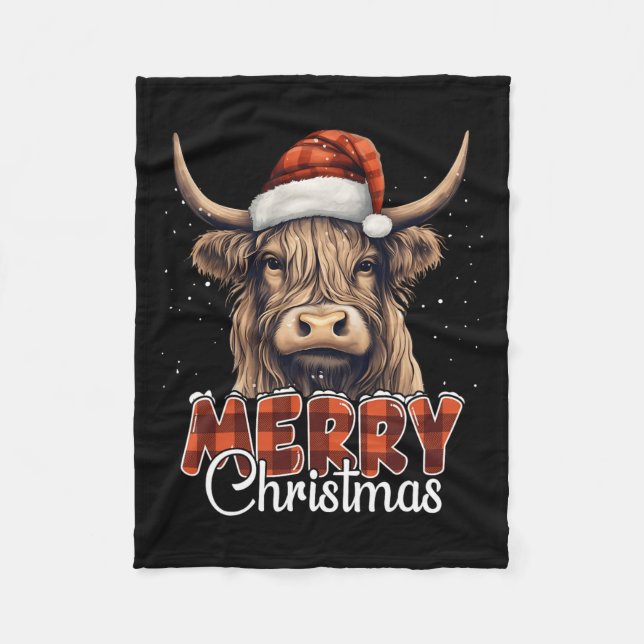 Couverture Polaire Joyeux Noël Vache Highland Ouest Santa Hat Xma (Devant)