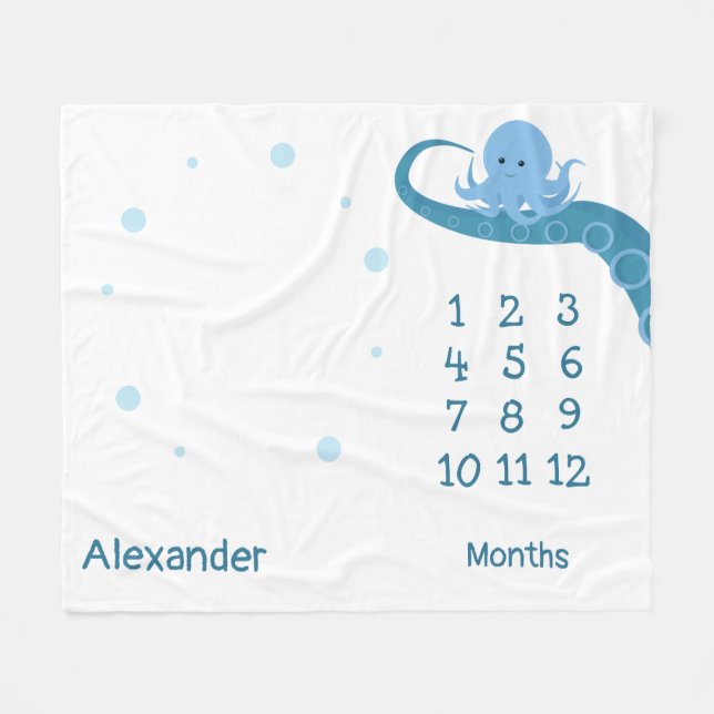 Couverture Polaire Joyeux poulpe Bleu Bleu Nom animal Jalon (Devant (Horizontal))