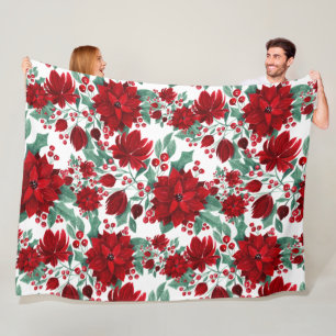 Couverture Polaire Joyeux rouge Poinsettia Fleurs Feuilles ivoire Aqu