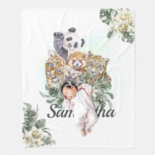 Couverture Polaire Jungle Cute Animaux Monogramme Verdure tropicale