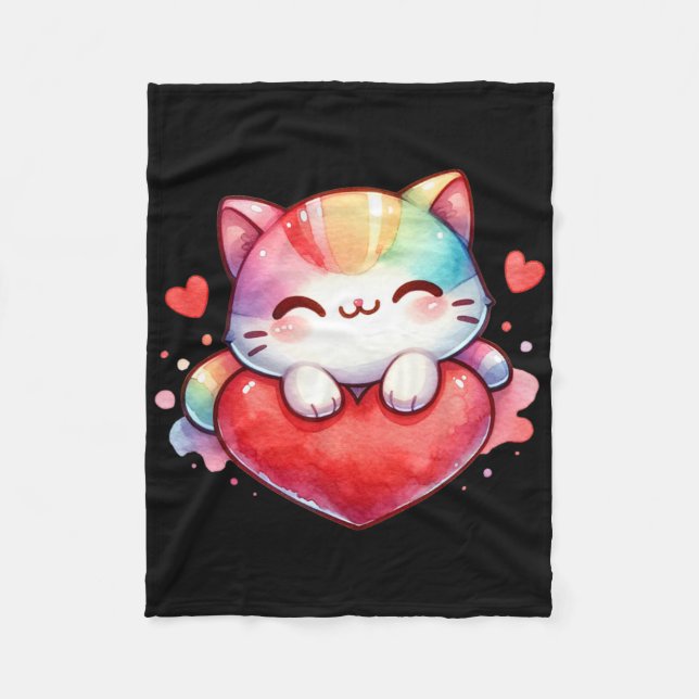 Couverture Polaire Kawaii Rainbow Cute Cat Hugging Heart Kitty Love C (Devant)