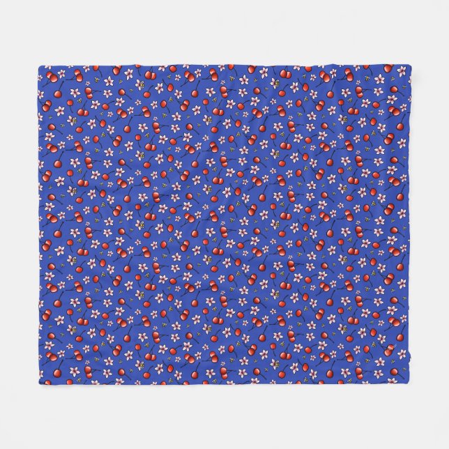Couverture Polaire KiniArt Cerises Fleur de cerisier Blanche en polai (Devant (Horizontal))