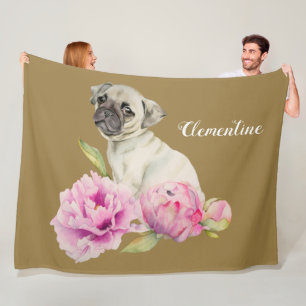 Couverture Polaire La fleur   de pivoine de chien de carlin ajoutent