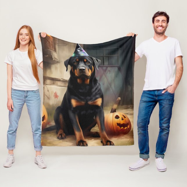 Couverture Polaire La peur de l'Halloween Citrouille de Rottweiler (En situation)