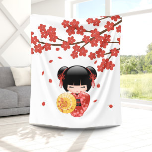 Couverture Polaire La poupée rouge Sakura Kokeshi - Cute Geisha japo