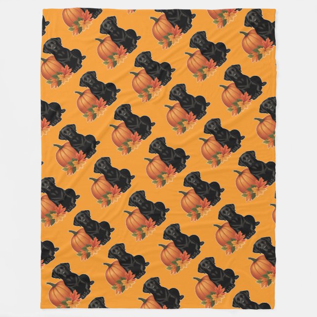 Couverture Polaire Labrador Noir avec feuilles d'automne et Citrouill (Devant)