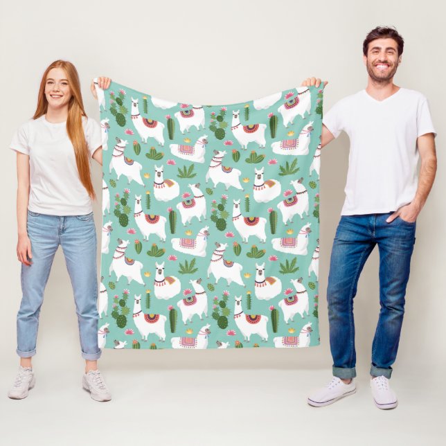 Couverture Polaire Lamas mignons sur le motif turquoise (En situation)