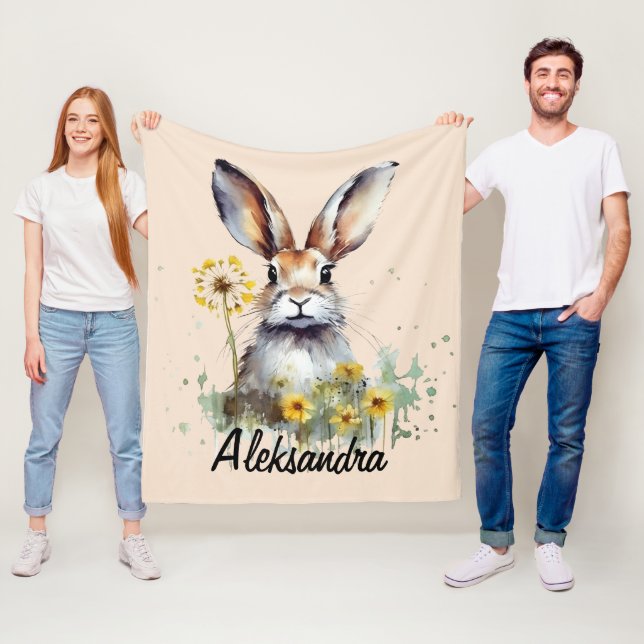 Couverture Polaire Lapin aquarelle avec Dandelion (En situation)