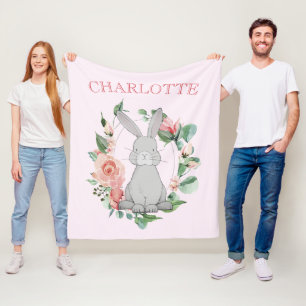 Couverture Polaire Lapin gris doux rose floral fille