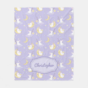 Couverture Polaire Lapin mauve et jaune mou avec étoiles lune